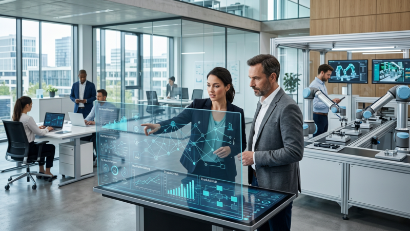 Moderne Arbeitsumgebung mit Menschen, Datenvisualisierungen und KI-Technologien, die die wirtschaftlichen Auswirkungen von Künstlicher Intelligenz auf Produktivität und Arbeitsplätze symbolisieren.