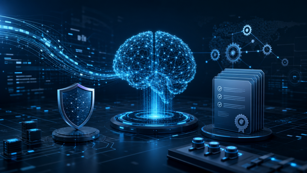 Digitale KI-Sicherheitsarchitektur mit neuronalen Netzwerken, Datenströmen und Governance-Symbolen
