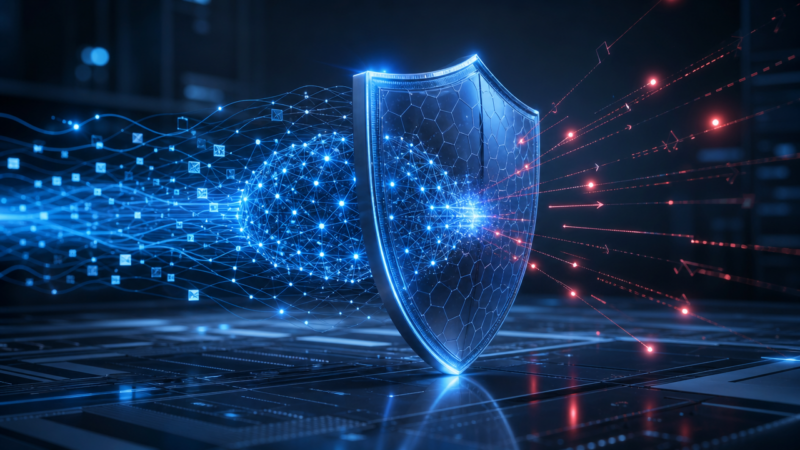 Abstrakte digitale Darstellung eines Schutzschilds für KI-Sicherheit mit Bedrohungssymbolen