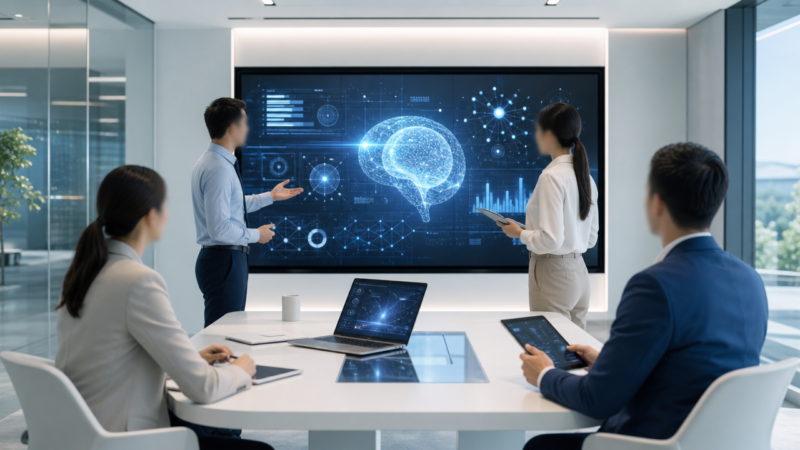 Moderne Geschäftsleute arbeiten zusammen an KI-Implementierung in einem hellen, technologisch fortschrittlichen Büro