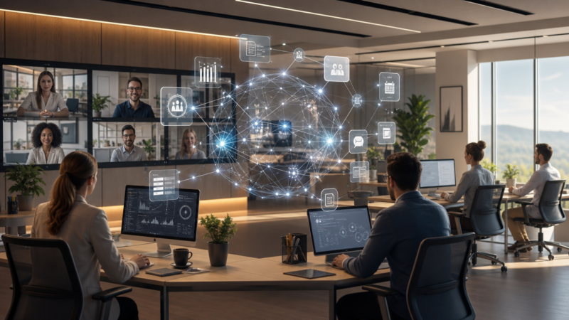 Moderne hybride Arbeitsumgebung mit Mitarbeitenden im Büro und per Videokonferenz, verbunden durch eine digitale KI-Netzwerkstruktur.