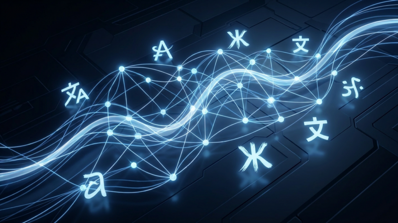 Abstraktes digitales Netzwerk mit mehrsprachigen Symbolen auf dunklem Hintergrund, KI-Technologie dargestellt