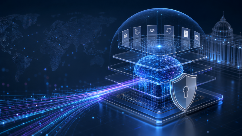 Abstrakte Darstellung von Frontier AI Governance mit digitalem KI-Netzwerk, Sicherheits-Schild und regulatorischen Kontrollmechanismen
