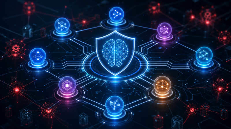 Abstrakte digitale Darstellung eines sicheren KI-Systems mit vernetzten Knoten und Cyber-Bedrohungen