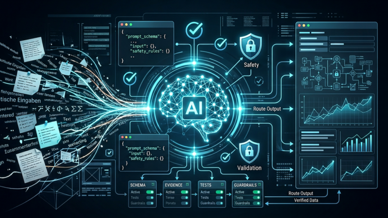 Abstrakte Darstellung eines KI-Systems, das chaotische Eingabedaten in strukturierte, sichere und validierte Ausgaben umwandelt.