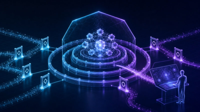 Isometrische Illustration: KI-Knotennetz unter Schutzkuppel mit Ringen, Prüftore an Datenströmen und ein Mensch an einer Kontrollkonsole